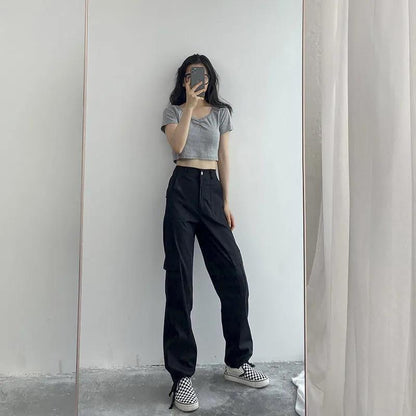 White Retro BF Harajuku Style Overalls Women's High-waisted Thin Waist Pants Casual Long Pants Tide