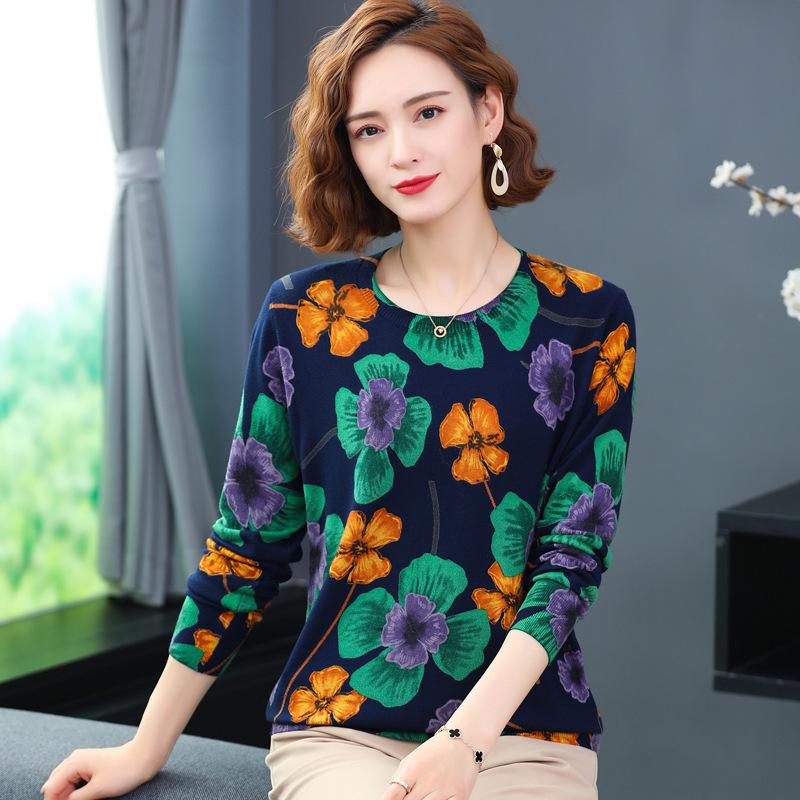 Autumn Women's Thin Printed Sweater Round Neck Pullover Long Sleeve Bottoming Shirt Plus Size Sweater