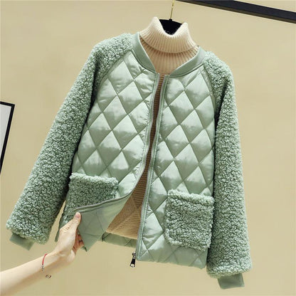 Cotton Jacket Women's Short Korean Version of Loose Lamb-like Wool Stitching Cotton-padded Jacket Small Quilted Jacket Winter Jacket