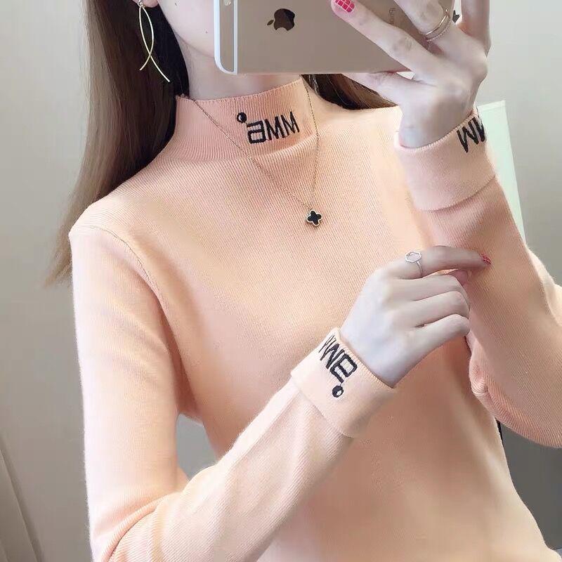 Pofulove Women Letter embroidered turtleneck sweater winter warm pullover knit bottoming jumper