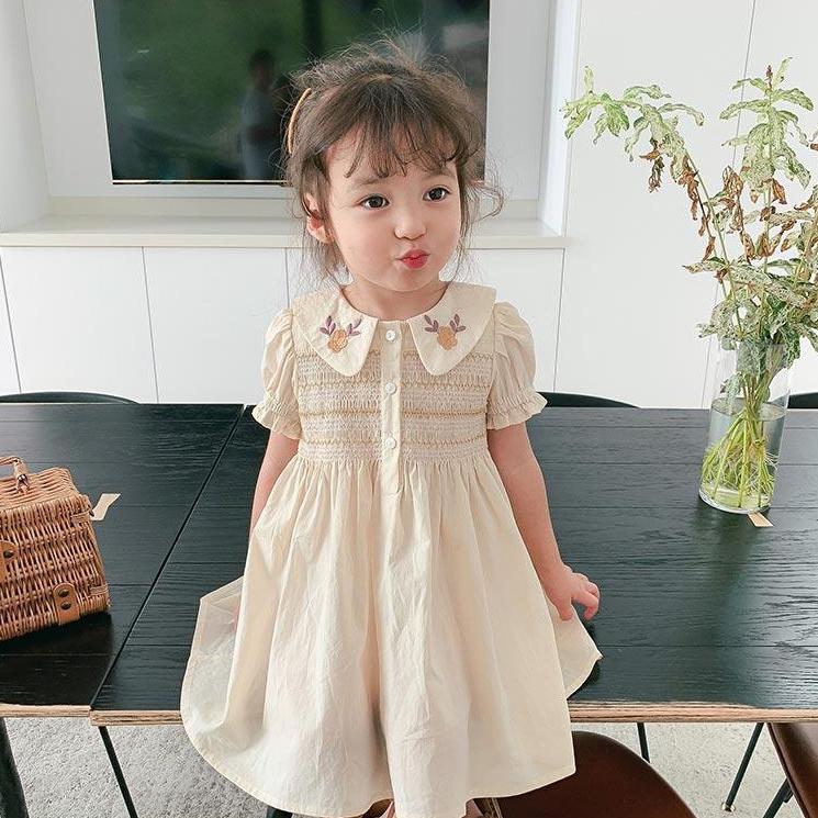 Children's Dress Girls Summer Dress Children's Embroidery Princess Skirt Baby Thin Flower A-line Skirt Button Embroidered Dress