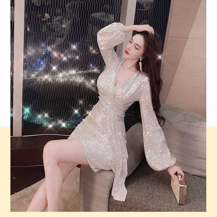 Women's V-neck Dress Long Sleeve Dinner Sexy Bag Hip Dress Charming Leisure Comfortable Stylish