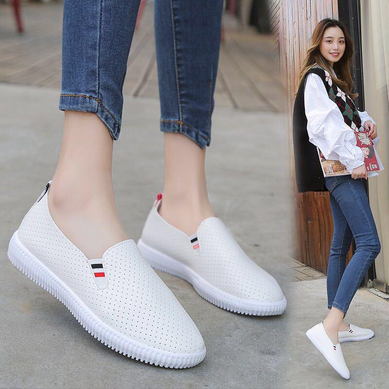 Women's Sneakers White Flat Shoes Hollow Ladies Loafers Pu Leather Slip on Shoes Low-heel Casual Shoes Espadrilles