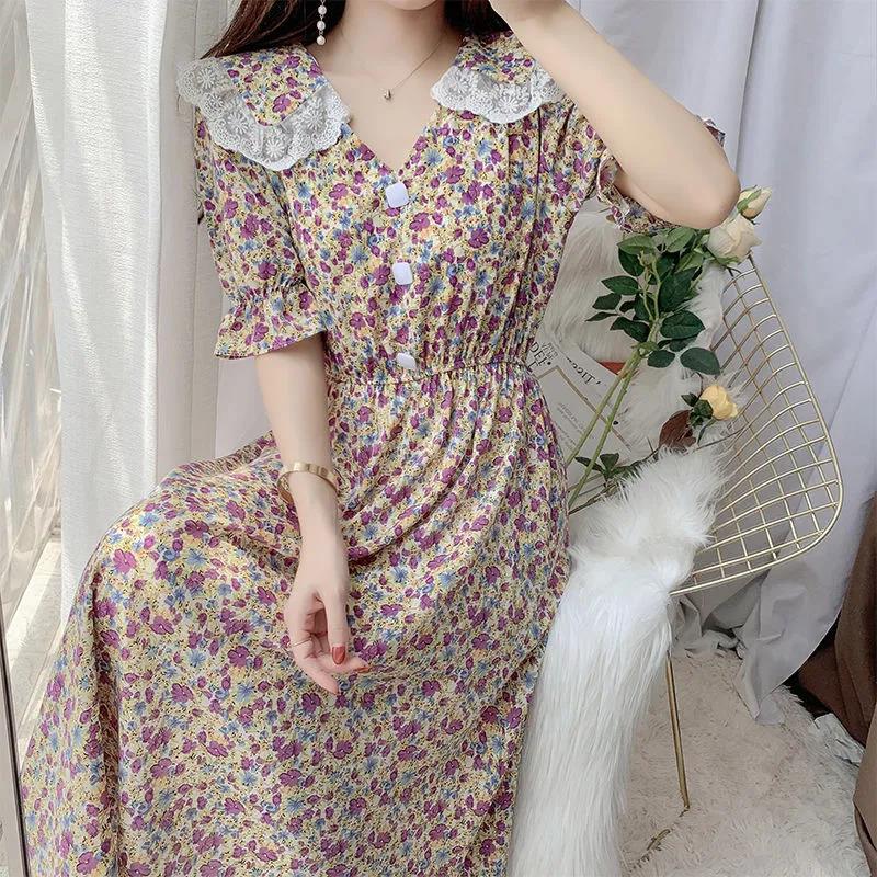 Women's Summer Sweet Short Sleeve Long Floral Dress Doll Collar Thin A-line Skirt