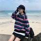 Autumn and Winter College Style Striped Round Neck Sweater Female Students Loose and Thin Mid-length Sweater Coat