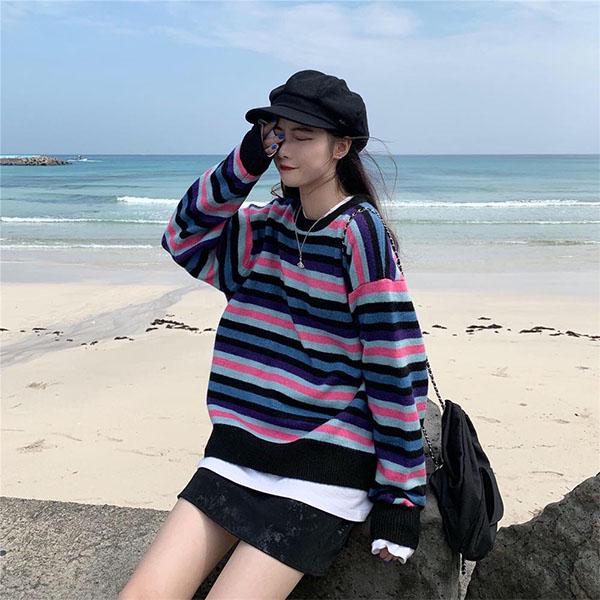Autumn and Winter College Style Striped Round Neck Sweater Female Students Loose and Thin Mid-length Sweater Coat