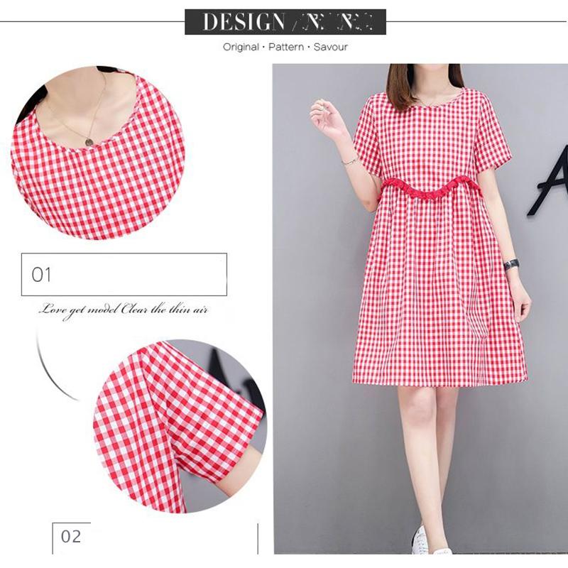 Plaid Lace Skirt S-XXXL Summer Cotton Neckline Round Short-sleeved Knee-length A-line Dress
