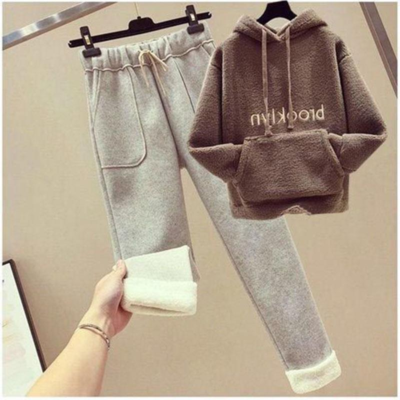 2pcs/set  Autumn Winter Fleece Hoodies Vintage Sweatshirt Two Piece Set Woman Tracksuits Jogger Pants Thick Warm Clothes