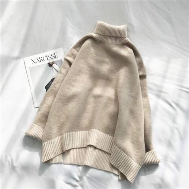 Pofulove High-neck Sweater Women Loose Thickened Pullover Hit Color Sweater Autumn and Winter