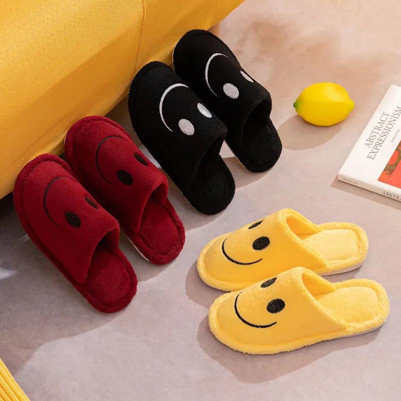 Women Slippers Cute Cartoon Smiley Face Non Slip Furry Slide Winter Thick Warm Men Slippers