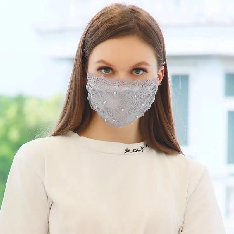 Women's Pearl Lace Masks Dustproof UV-proof Breathable Washable Thin Masks Adjustable Earloop Adult Windproof Facial Nose Face Mouse Masks