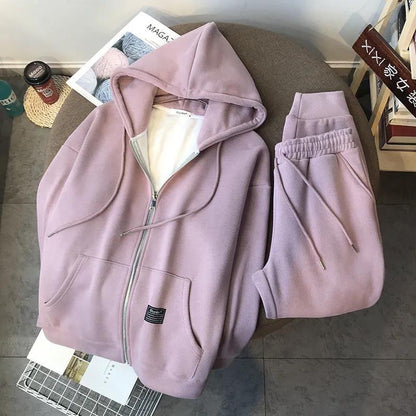 Women Korean Loose Sports and Leisure Two-piece Suit Autumn and Winter Plus Velvet Thick Zipper Sweater