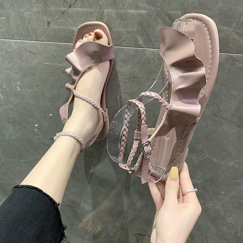 Sandals Women's Large Size Summer Lotus Leaf Fairy Style Flat Bottom All-match Word with Low-heeled Roman Shoes