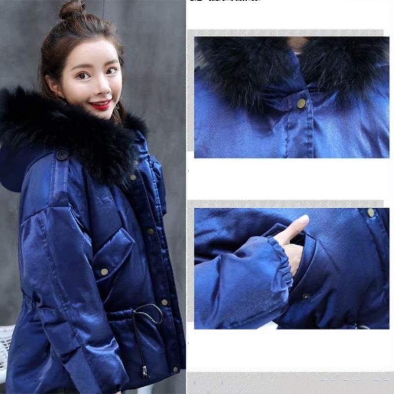 Women's Solid Color Hooded Down Jacket Regular Korean Loose Thick Coat Warm Cotton Coat Large Leather Collar Winter Coat Quilted Coat