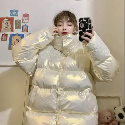 Winter Korean Version of The Net Red Thickened Bright Face Loose Stand-up Collar BF Wind Long-sleeved Cotton Jacket Women