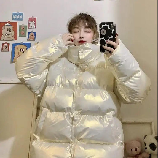 Winter Korean Version of The Net Red Thickened Bright Face Loose Stand-up Collar BF Wind Long-sleeved Cotton Jacket Women