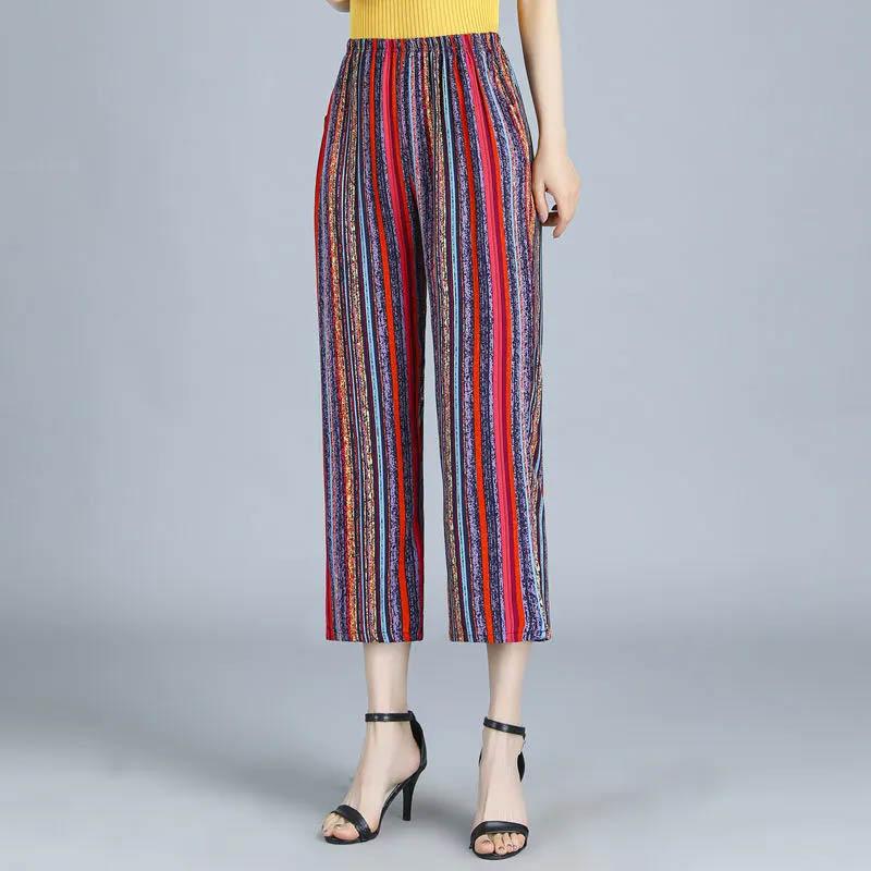 Women's Pants Summer Thin Cotton Silk Nine-point Pants Elastic Waist Casual Straight Eight-point Pants Comfortable Loose Breathable Trousers