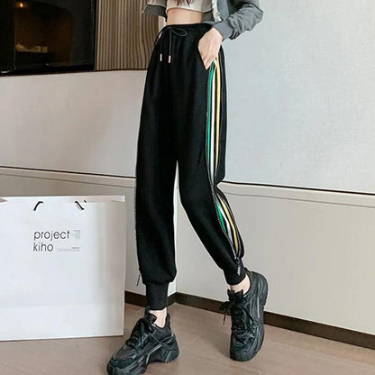 Color Stripe Zipper Sports Pants Women's Pants European Station Summer Loose Student Nine-point Harlan Trousers Casual Pants