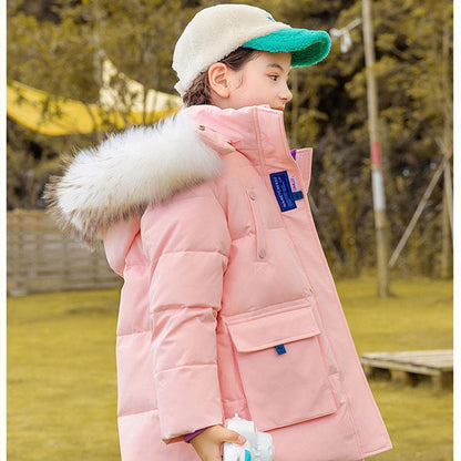 Girls Mid-length Warm Down Jacket Korean Version of Thick and Velvet Windproof Winter Jacket