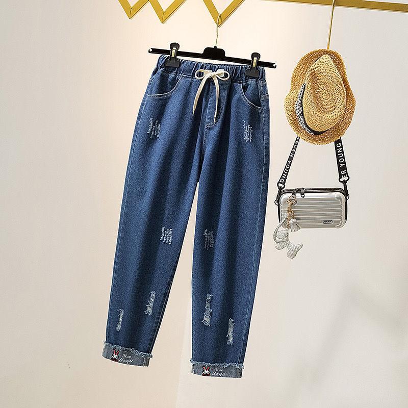 Spring and Autumn Korean Style Loose Elastic Waist Jeans Women Embroidered High Waist College Style Harlan Straight Pants