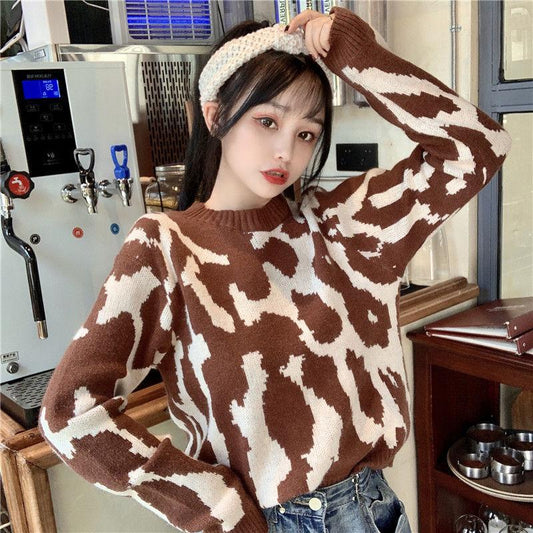 Autumn Winter  Women Fashion Sweater Short Leopard  Knitting Sweater  Round Neck Pullovers Loose Casual Long Sleeve Sweater