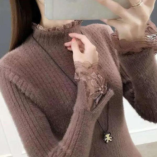 Imitation Mink Sweater Women Fall/winter Half High Neck Lace Stitching Lined Tight-fitting Knitted Bottoming Shirt