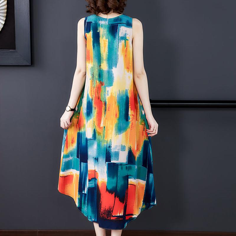 M-XXXXL Summer Ethnic Print Satin Fabric Dress Round Neck Mom Loose Slim Mid-length Vest Skirt Daily