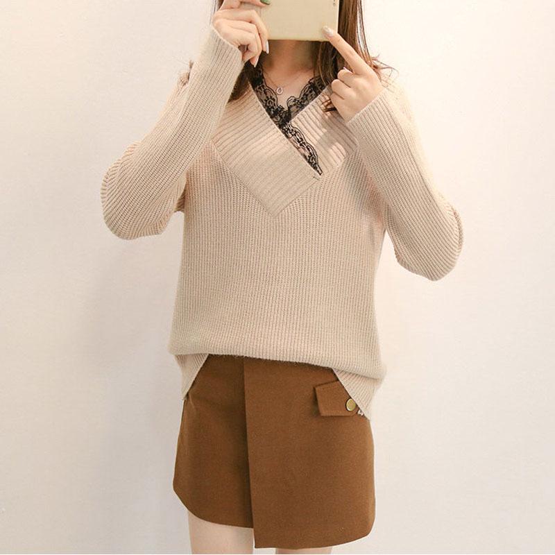 Autumn and Winter Lace V-neck Top Thickened Long-sleeved Knitted Sweater Loose and Versatile Women's Bottoming Shirt