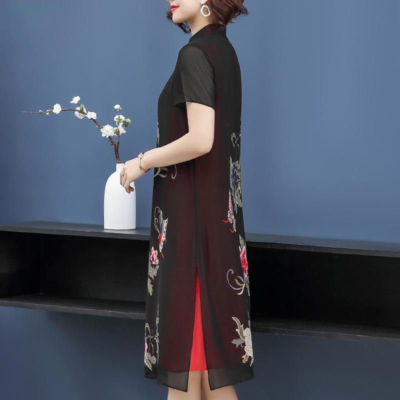 XXL-XXXXXL Plus Size Chinese Style Cheongsam Summer Chiffon Dress Knee-length Printed Over-the-knee Skirt