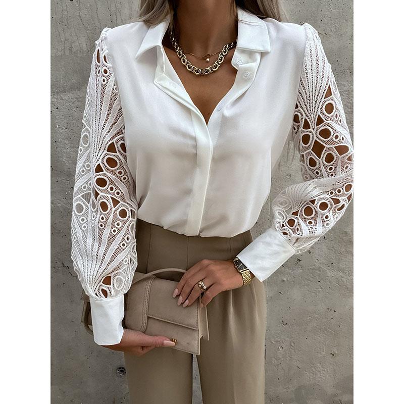 Elegant Long Sleeve Shirts Women Lapel Button Office Lady Top White Women's Sexy Embroidery Hollow Out Lace Blouse Streetwear Temperament Summer Top