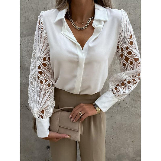 Elegant Long Sleeve Shirts Women Lapel Button Office Lady Top White Women's Sexy Embroidery Hollow Out Lace Blouse Streetwear Temperament Summer Top