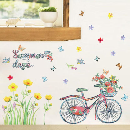 [Wall sticker] cartoon summer bicycle butterfly flowers birds wall stickers for kids rooms bedroom k