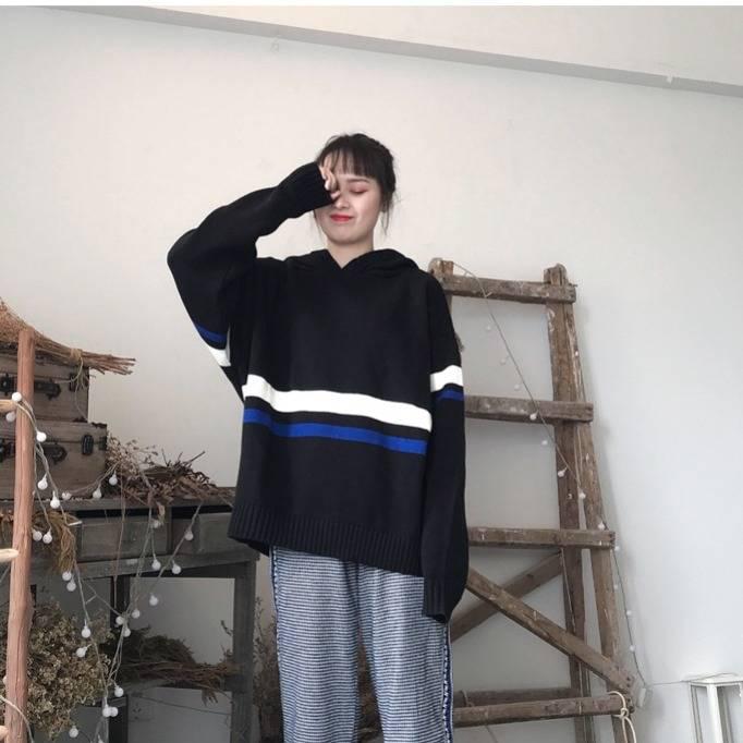 Pofulove Autumn Winter ins Hooded Sweater Schoolgirl Loose Harajuku bf Lazy Knit Pullover Top
