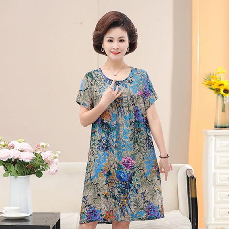 Nightdress Female Summer Cotton Silk Mid-length Short-sleeved Plus Size Dress 40-year-old Pajamas Home Service Mother Wear
