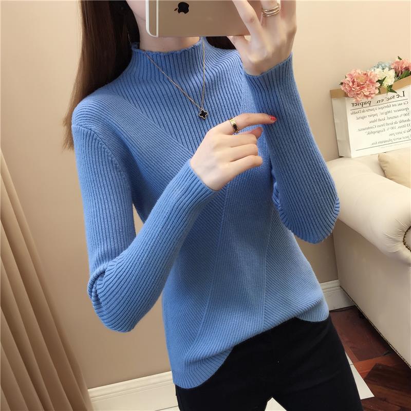 Pofulove Winter Plus Velvet Half-high Collar Thick Sweater Women Bottoming Shirt Autumn Long-sleeved