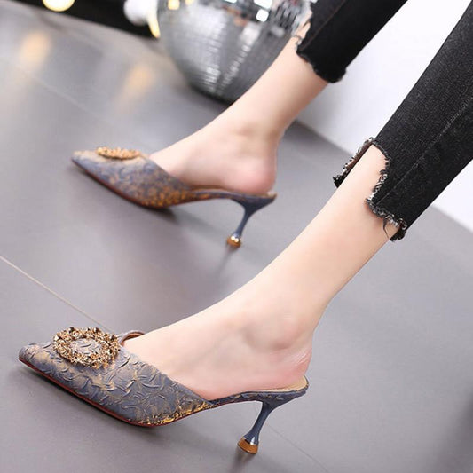 Satin Toe Half Slippers Girls Summer Outer Wear Pointed Toe Stiletto Sandals and Slippers