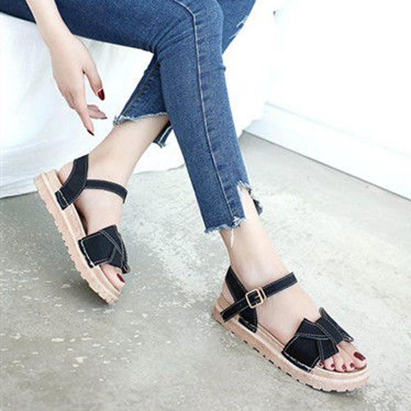 Roman Sandals Female Students Summer Wild Korean Version of The Word Buckle Flat Female Sandals Platform Platform Shoes