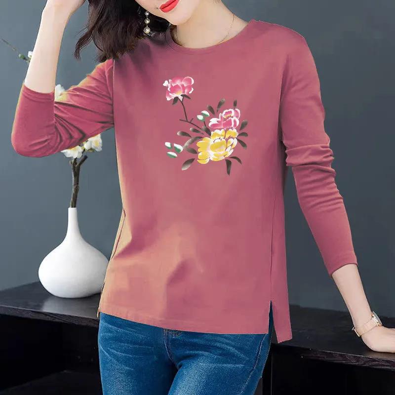 Women Cotton T-shirt Casual Slit Top Peony Print Pullover Long Sleeve Bottoming Shirt Spring