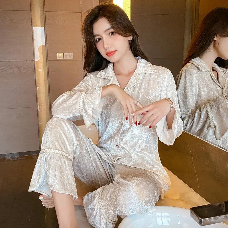 Women's Gold Velvet Pajamas Set Comfortable Gold Edge Tie Dye Long Sleeve Sleeping Suit Spring Autumn Lapel Cardigan Casual Out Wear Pyjama Set