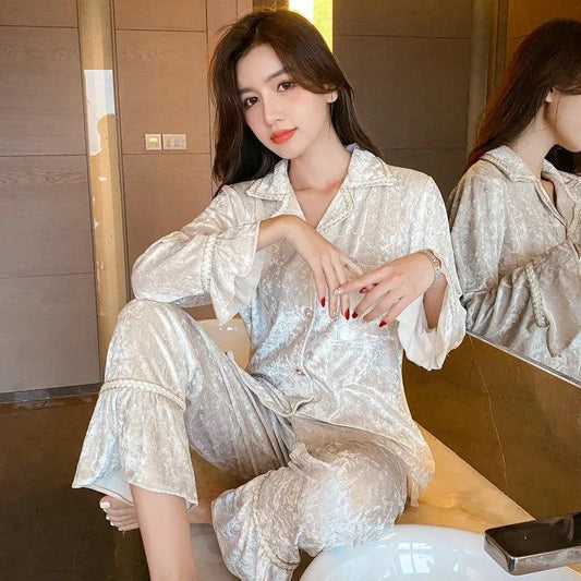Women's Gold Velvet Pajamas Set Comfortable Gold Edge Tie Dye Long Sleeve Sleeping Suit Spring Autumn Lapel Cardigan Casual Out Wear Pyjama Set