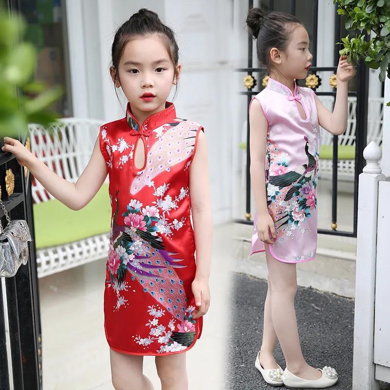 Children Dress Children's Tang Suit Girls Summer Thin Dress Cheongsam Printed Floral Cheongsam Chinese Style Sleeveless Dress