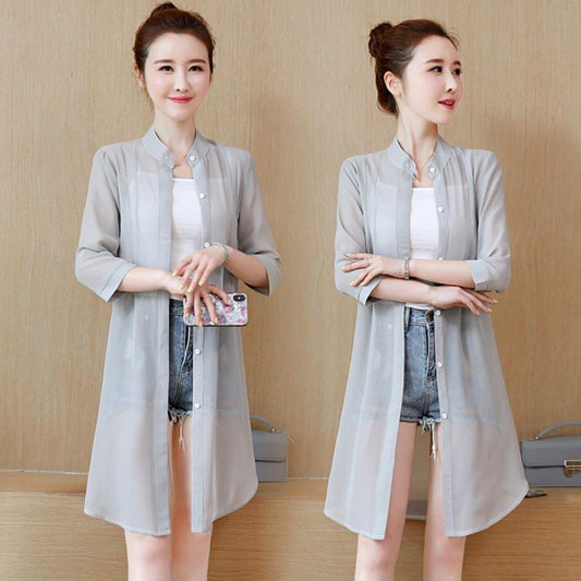 Sun Protection Clothing Women's Mid-length Beach Summer Chiffon Cardigan Shawl Air-conditioning Shirt Thin Coat