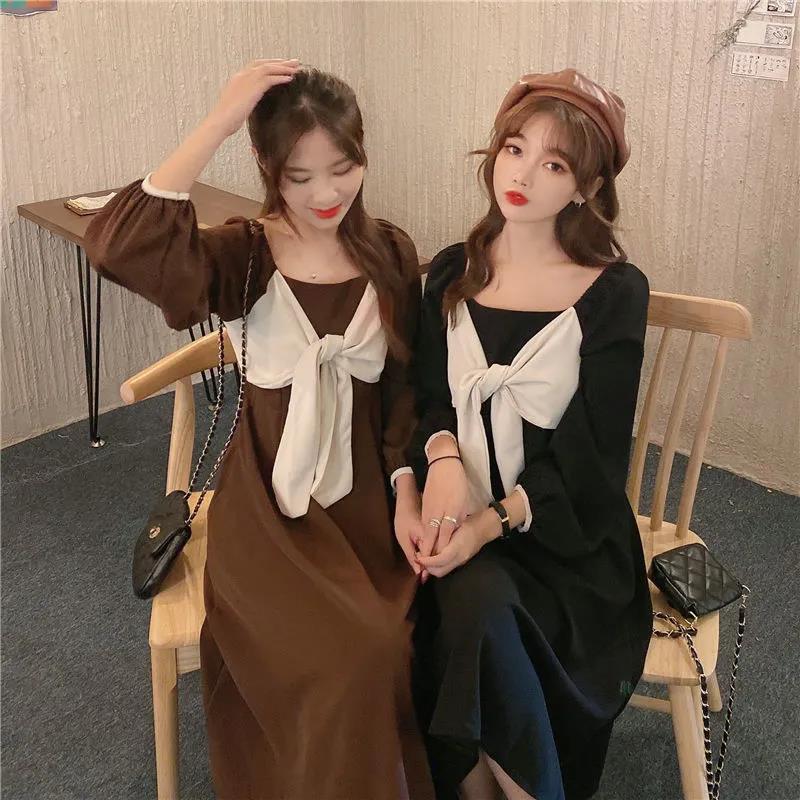 Autumn and Winter Solid Color Lantern Sleeve Square Collar Design Large Cute Bow Mid Length Long Sleeve Dress