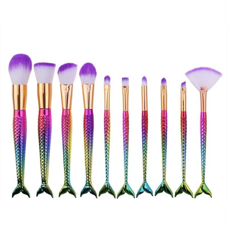 Brush 10pcs Mermaid Tail Power Foundation Makeup Brushes Set Plaid Case Bag Portable Travel