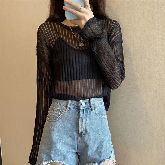 Loose and Thin Long-sleeved Hollow Knitted Sweater Women's All-match Sunscreen Shirt Top Sexy See-through Dress