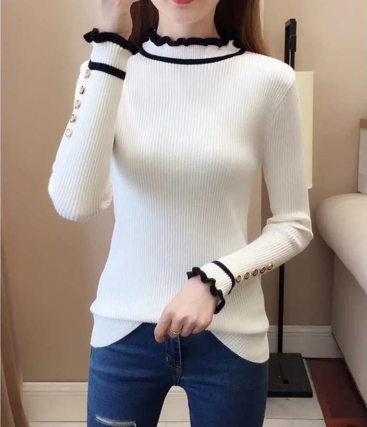 Autumn and Winter Slim-fit Padded Top Ruffled Long-sleeved Sweater All-match Base Sweater