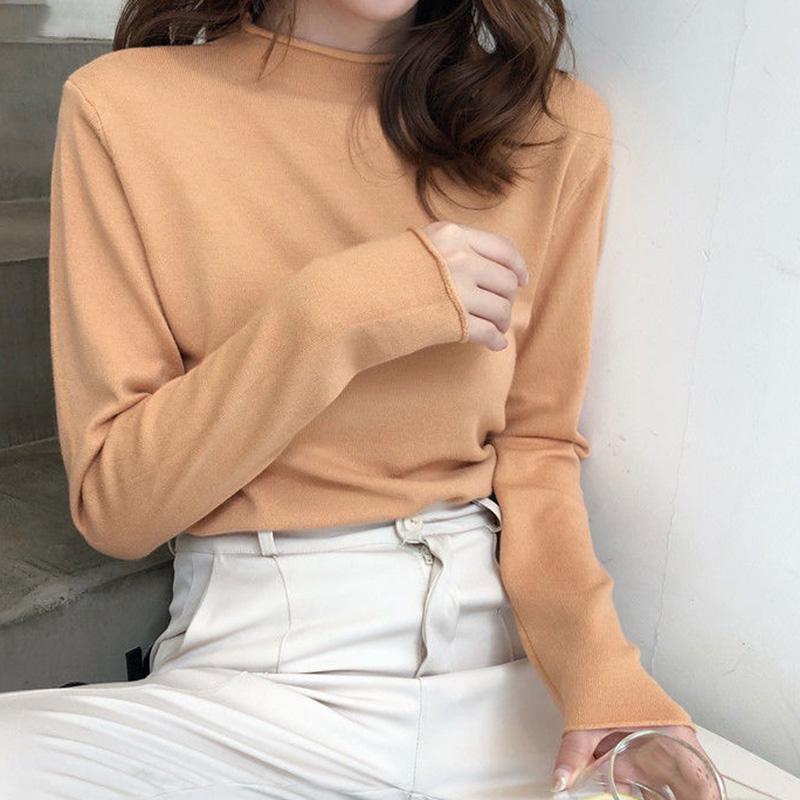 Spring and Autumn Slim Loose Bottoming Shirt Long Sleeve Casual Short Knit Sweater Female Half Turtleneck Sweater Women