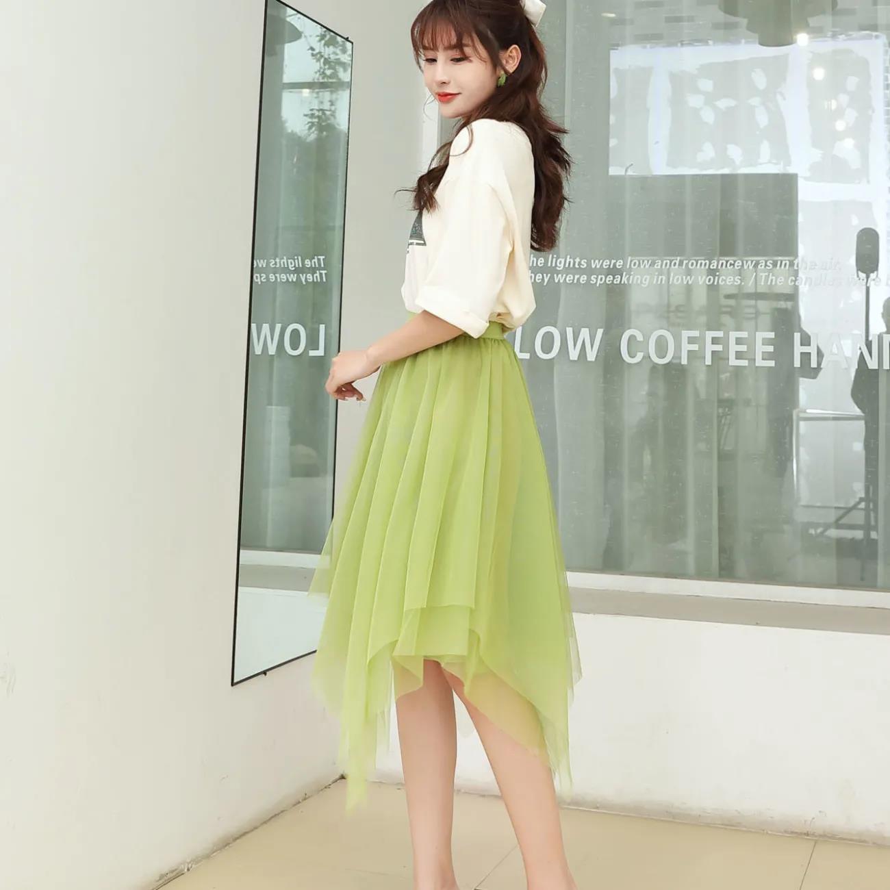 Women Spring Summer Skirt Vintage Irregular Fairy Gauze Skirt Elegant Slim Versatile Mid-length High Waist A-line Pleated Skirt