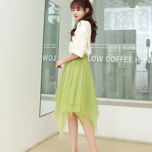 Women Spring Summer Skirt Vintage Irregular Fairy Gauze Skirt Elegant Slim Versatile Mid-length High Waist A-line Pleated Skirt