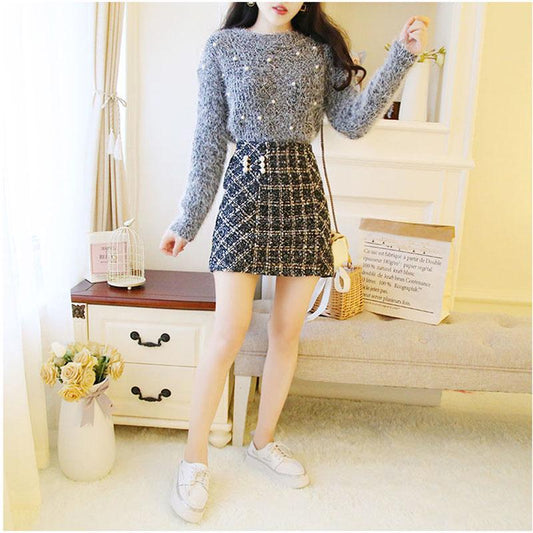Fashion Sweater Suit Women Autumn and Winter Mohair Knit Sweater Top and Short Plaid Woolen Skirt Two-piece Suit